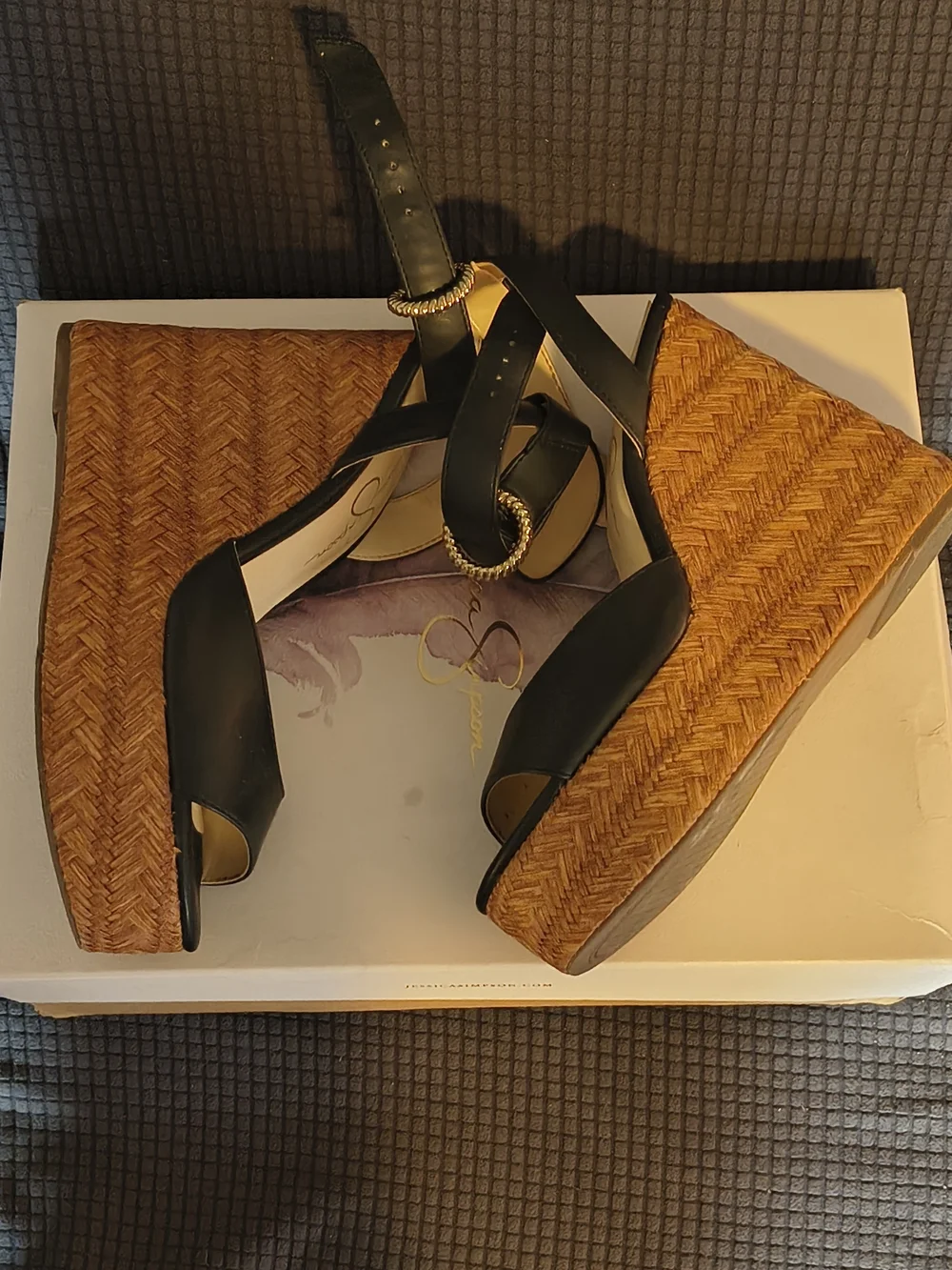 Jessica Simpson Black Leather Wedge Sandals with Braided Brown Platform